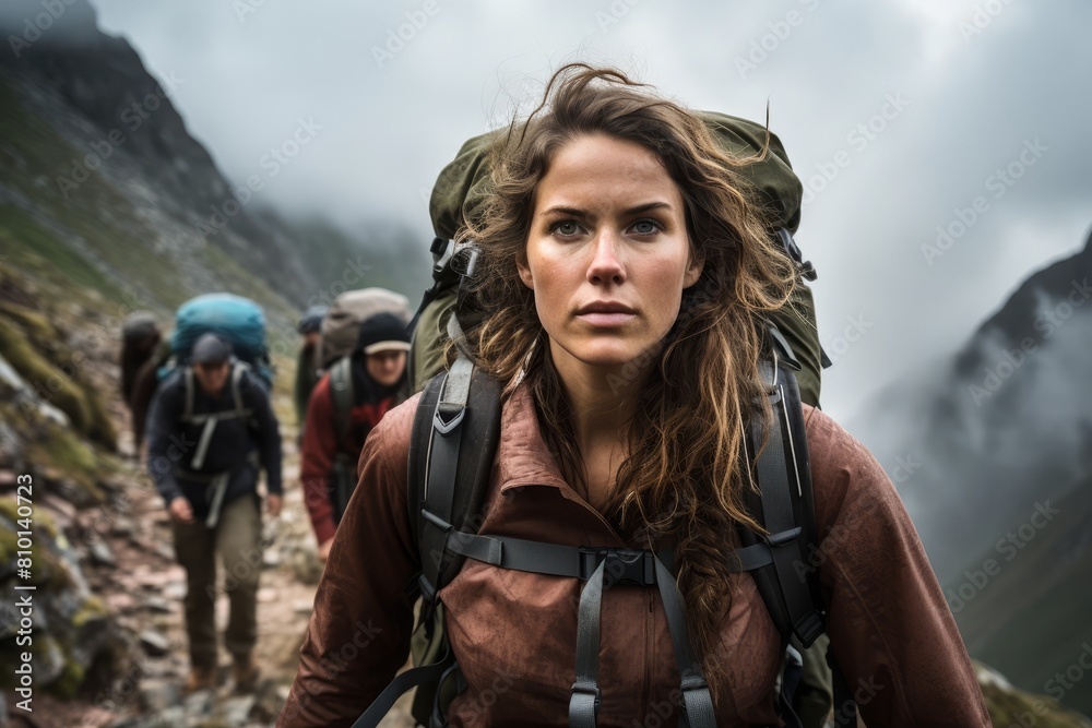 © Balaraw - Adventurous woman hiking in rugged mountain terrain