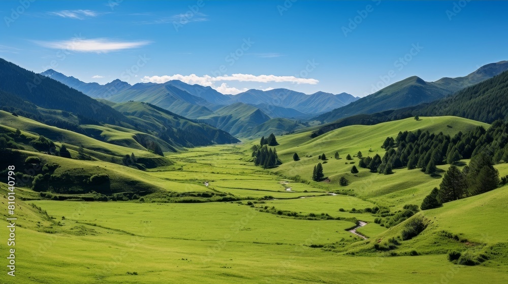 Scenic mountain landscape with green meadows and forests Scenic mountain landscape with green meadows and forests