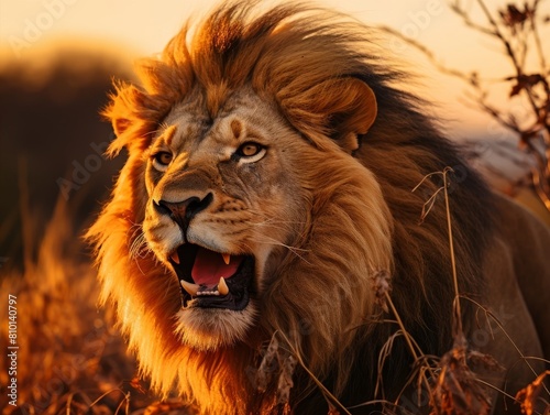Majestic lion roaring in the golden sunset