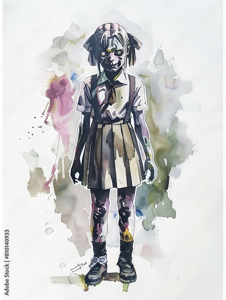 Creepy possessed girl with school uniform - An eerie and unsettling watercolor depiction of a young girl in school uniform, seemingly possessed or haunted Creepy possessed girl with school uniform - An eerie and unsettling watercolor depiction of a young girl in school uniform, seemingly possessed or haunted