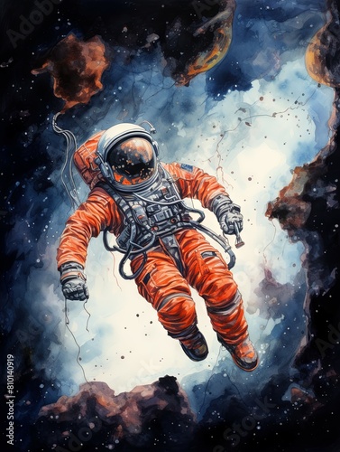 Astronaut adrift in nebula watercolor artwork - An astronaut seemingly adrift among stellar clouds, in a watercolor artwork full of movement and vivid colors photo