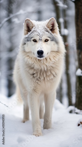 Majestic white wolf in snowy forest