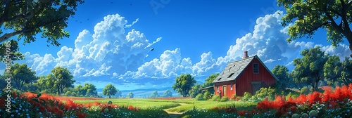 Idyllic rural landscape with a red barn - An expansive digital painting presents an idyllic rural scene with a red barn amidst a field of blooming flowers under a blue sky