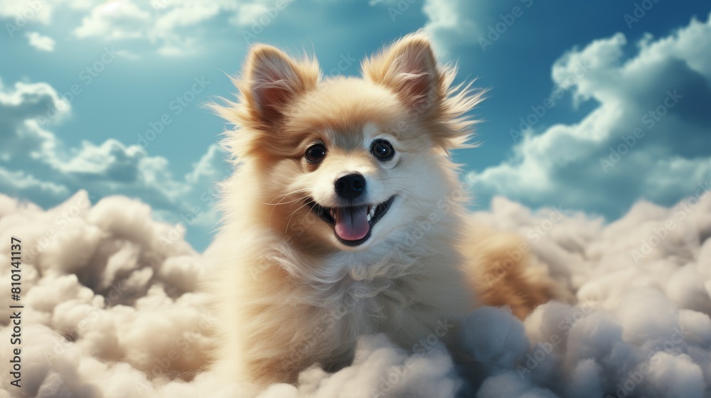 Cheerful pomeranian dog in the clouds Cheerful pomeranian dog in the clouds