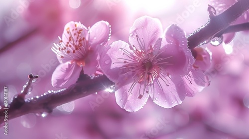   A tight shot of a flower on a branch, adorned with dewdrops on its petals, against a softy blurred backdrop photo