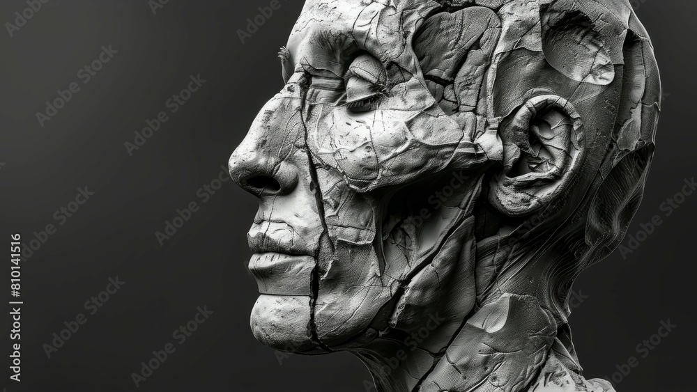 A face made of stone with a broken nose and a missing ear. The face is very detailed and realistic