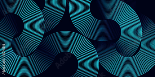 Modern dark blue abstract horizontal banner background with glowing geometric lines. Shiny blue diagonal rounded lines pattern. Futuristic concept. Suit for cover, brochure, presentation, flyer, web