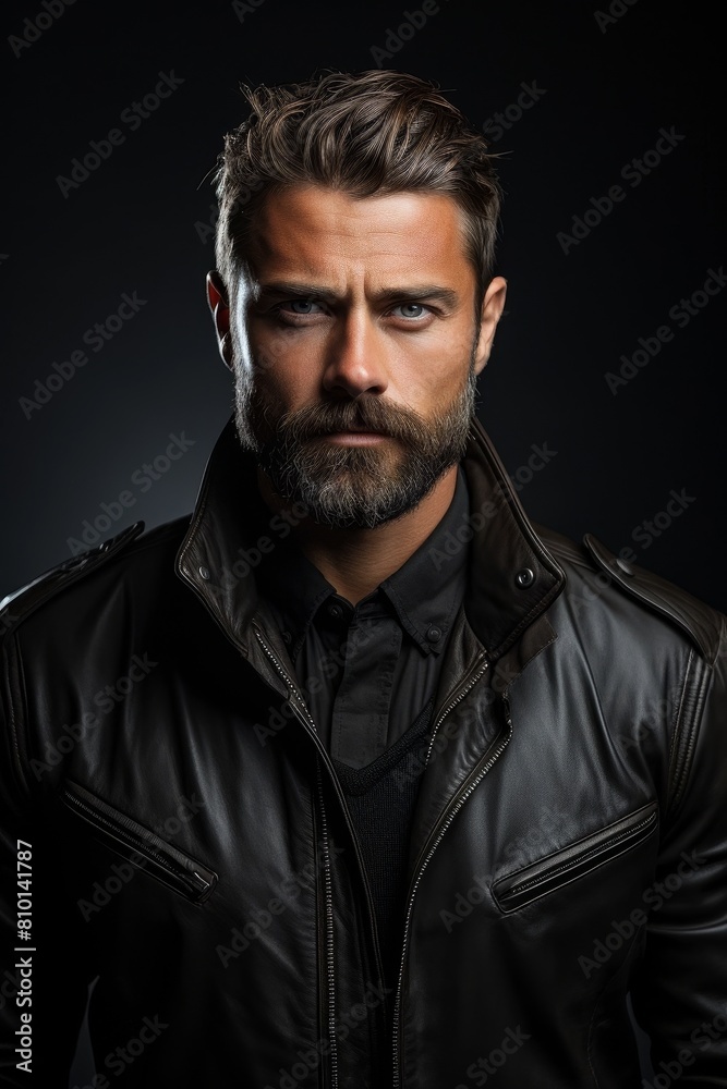 Serious bearded man in leather jacket