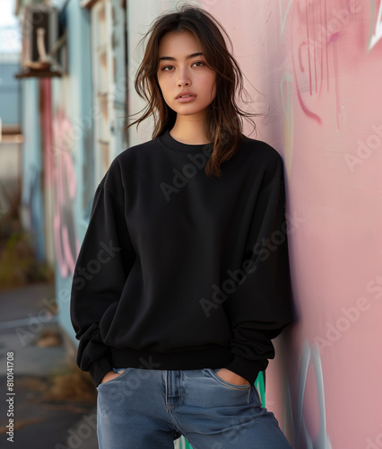 Streetwear, casual urban city scene woman black crewneck sweater mockup, pink background with graffiti