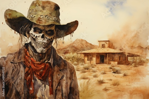 Lone Cowboy near Deserted Western House - The image shows a lone cowboy near a decrepit desert house, evoking feelings of solitude photo