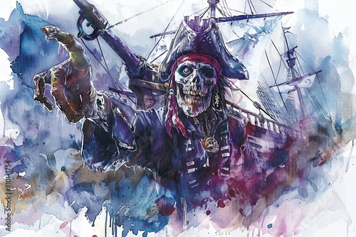 Pirate with raised pistol aboard ship - This action-packed watercolor showcases a pirate aboard a ship with his pistol raised, ready to fight