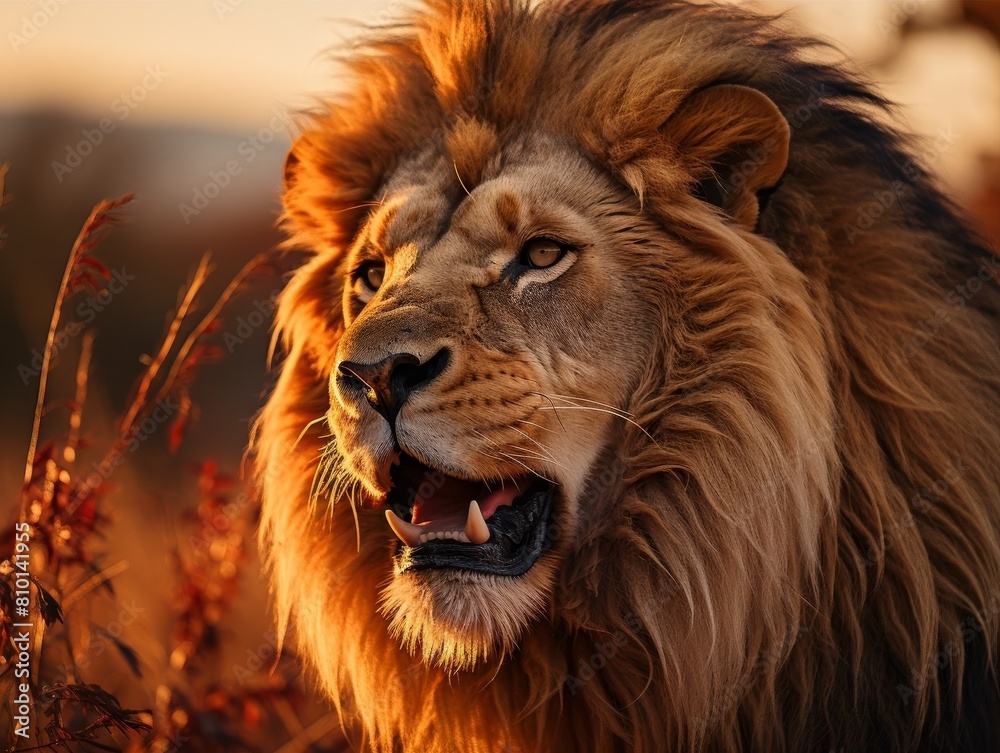 Fototapeta premium Majestic lion roaring in the sunset