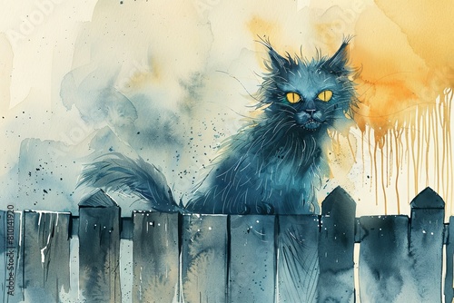 Blue-eyed fluffy cat on a painted fence - Watercolor artwork of a long-haired blue-eyed cat perched calmly on a weathered fence against a softly colored sky photo