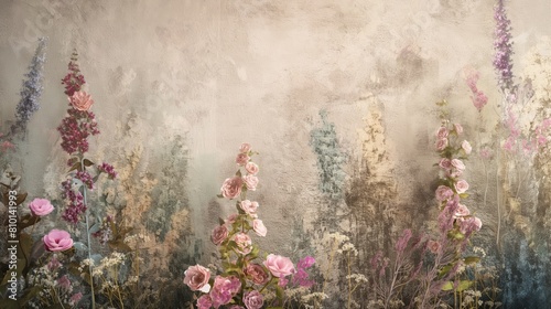 Vintage Floral Tapestry Backdrop with Delicate Pastel Wildflowers and Roses