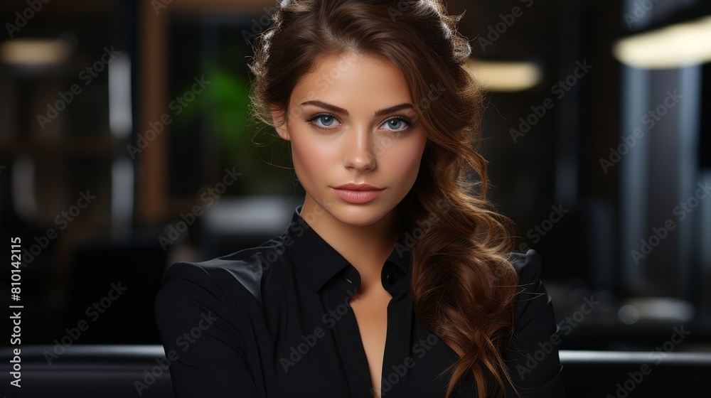Naklejka premium Elegant woman with curly hair wearing black jacket