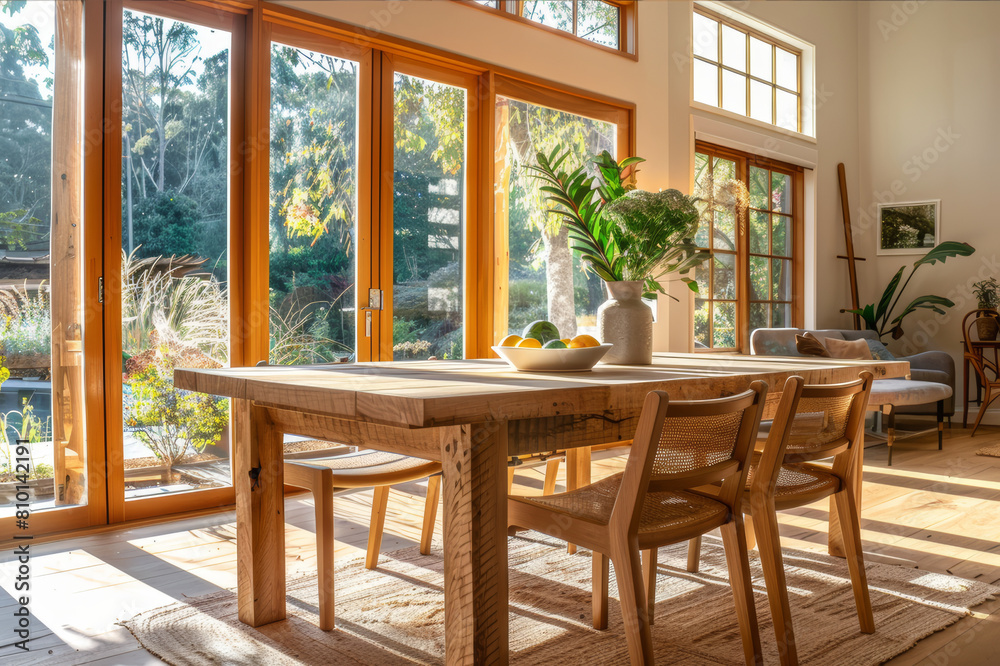 Elegant timber dining table set in a rustic home interior. AI generated.