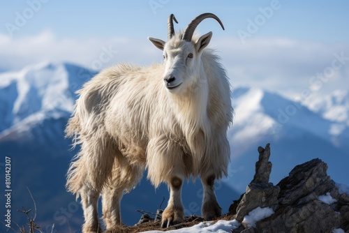 Majestic mountain goat in snowy landscape