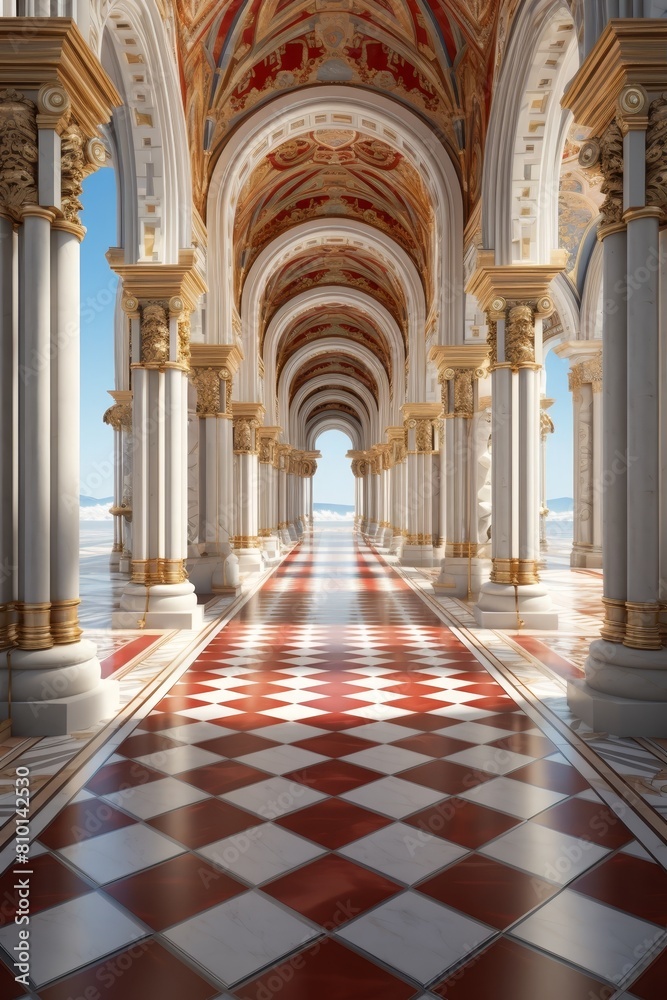 Fototapeta premium Ornate Architectural Hallway with Checkered Floor
