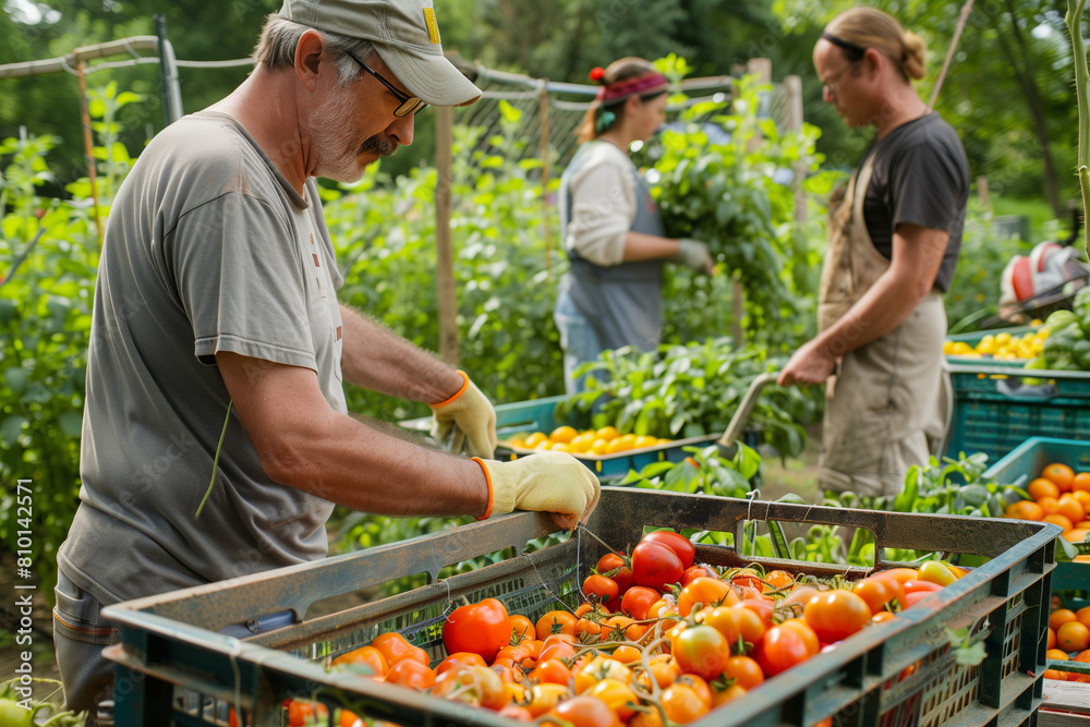Obraz premium people in a garden with vegetables