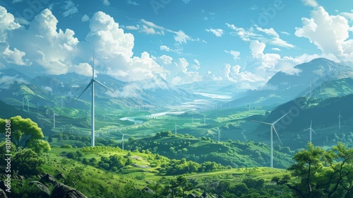 A beautiful landscape with a river and windmills