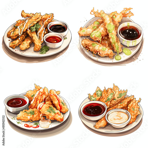 Crispy Japanese tempura served with dipping sauces. Light and golden-battered vegetables and seafood, perfect for gourmet dining, Asian cuisine, food photography, and restaurant menus.
