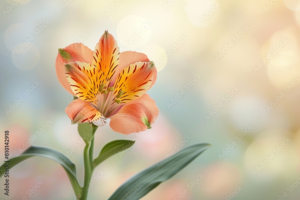 Close-Up of Orange Alstroemeria Flower With Green Leaves on Blurry Background Close-Up of Orange Alstroemeria Flower With Green Leaves on Blurry Background