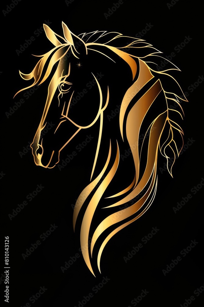 Golden horse head logo illustration on black background. Emblem, icon for company or sport team branding Golden horse head logo illustration on black background. Emblem, icon for company or sport team branding