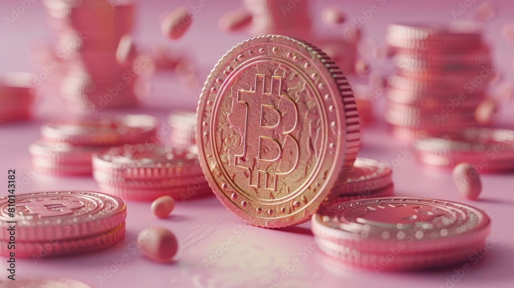 A pink coin with the letter B on it sits on a table with many other pink coins. Concept of abundance and wealth, as the coins are piled up in large quantities A pink coin with the letter B on it sits on a table with many other pink coins. Concept of abundance and wealth, as the coins are piled up in large quantities