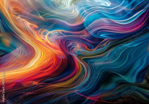 The image depicts an energetic abstract swirl with a blend of rainbow colors suggesting lively movement