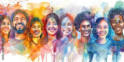 water colour painting of a group with different ethnicities people smiling © Fatema