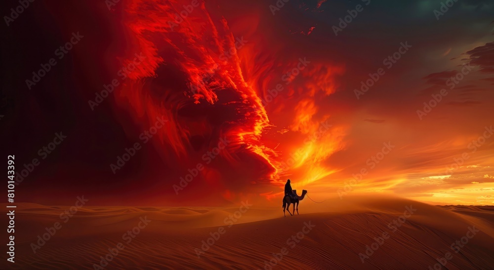 A silhouette of an emir on camelback with riding across vast desert dunes under dark red storm clouds