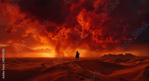 A silhouette of an emir on camelback with riding across vast desert dunes under dark red storm clouds © Fatema