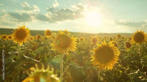 Sunflower Field  A field of towering sunflowers stands tall under the bright sun  their golden faces following the sun s journey across the sky