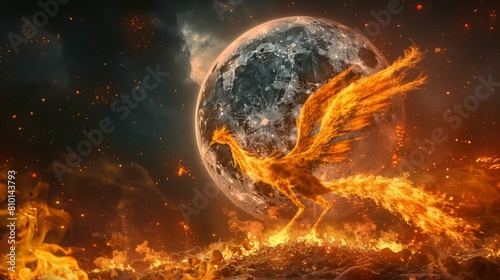 Bright Orange Fire Phoenix Rising from Ashes Under a Full Moon © SardarMuhammad