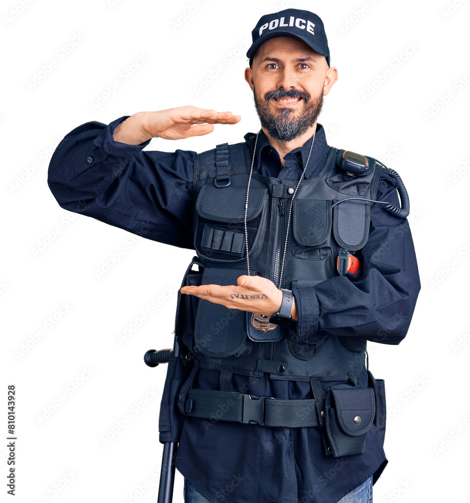 Young handsome man wearing police uniform gesturing with hands showing big and large size sign, measure symbol. smiling looking at the camera. measuring concept. Young handsome man wearing police uniform gesturing with hands showing big and large size sign, measure symbol. smiling looking at the camera. measuring concept.