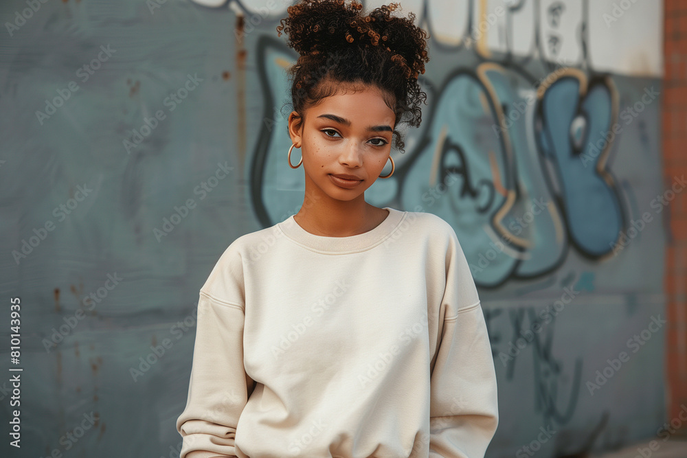 Streetwear urban city scene, skate park, biracial woman off-white cream crewneck sweater mockup Streetwear urban city scene, skate park, biracial woman off-white cream crewneck sweater mockup