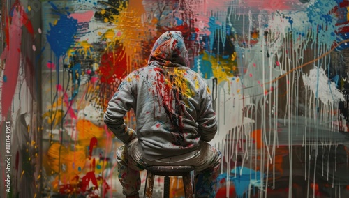 a painter wearing colour splashed hoodie, sitting on a tool, his face infront abstract painted wall © Fatema