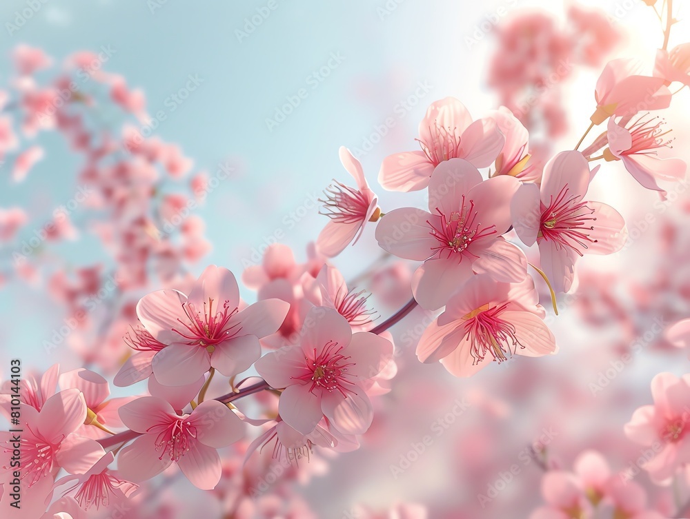 Soft pink cherry blossoms, pastel blue sky