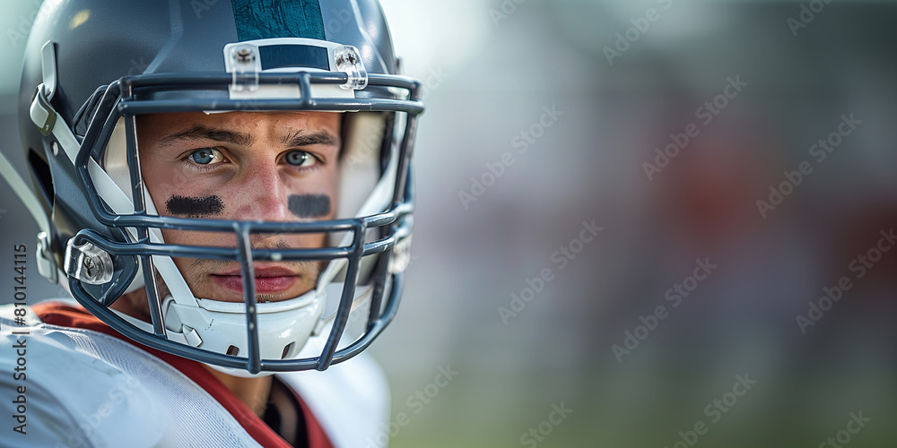 An American football player wearing a gray helmet and a white uniform with black stripes under his eyes. Close-up of the face. Copy space An American football player wearing a gray helmet and a white uniform with black stripes under his eyes. Close-up of the face. Copy space