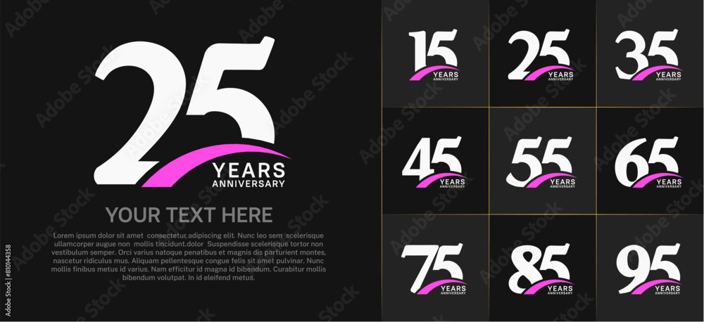 Set of Anniversary Logotype with purple swoosh, white color can be use for special day celebration