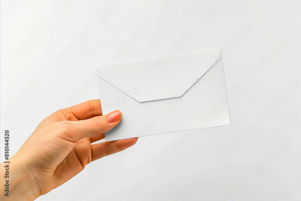 A hand holding an envelope with a white background.