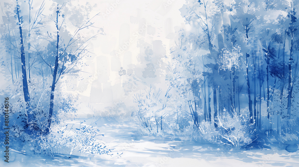 water and ice, forest in winter, Chinese painting style, Watercolor painting style water and ice, forest in winter, Chinese painting style, Watercolor painting style