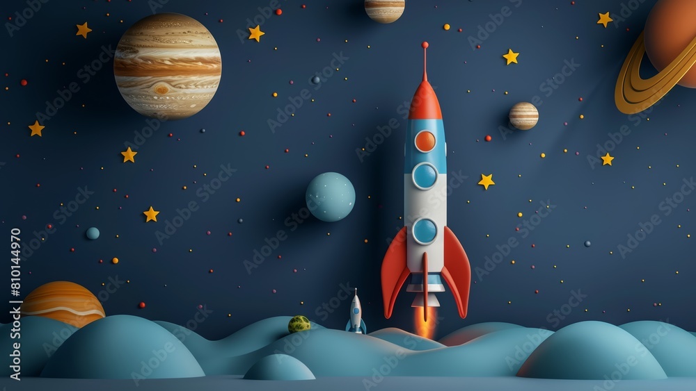 3d model of a launching space rocket on a decorative background of a ...