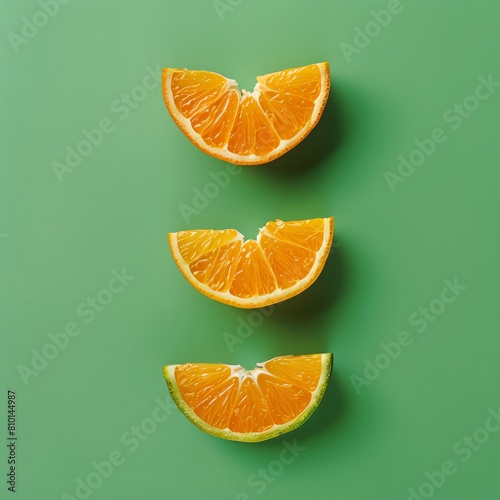 Suspended orange segments  evenly spaced  on a vibrant green background  using a minimalist and hyperrealistic approach in studio photography  highlighting detailed textures and ne