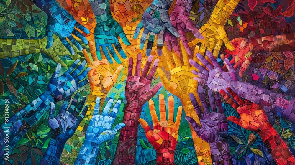 A painting of many hands in a circle, with each hand having a different ...