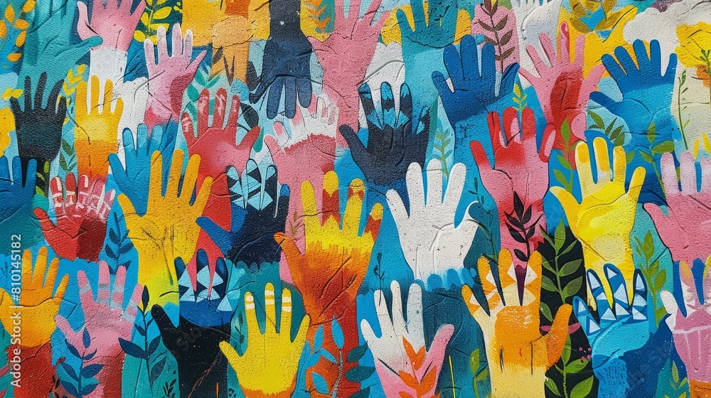 A colorful painting of many hands with a blue background. The painting is of people's hands and it is a representation of unity and togetherness