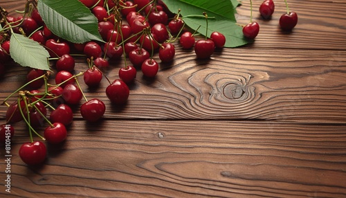 juicy cherry on a wooden background with space for text. view from above © Kseniia