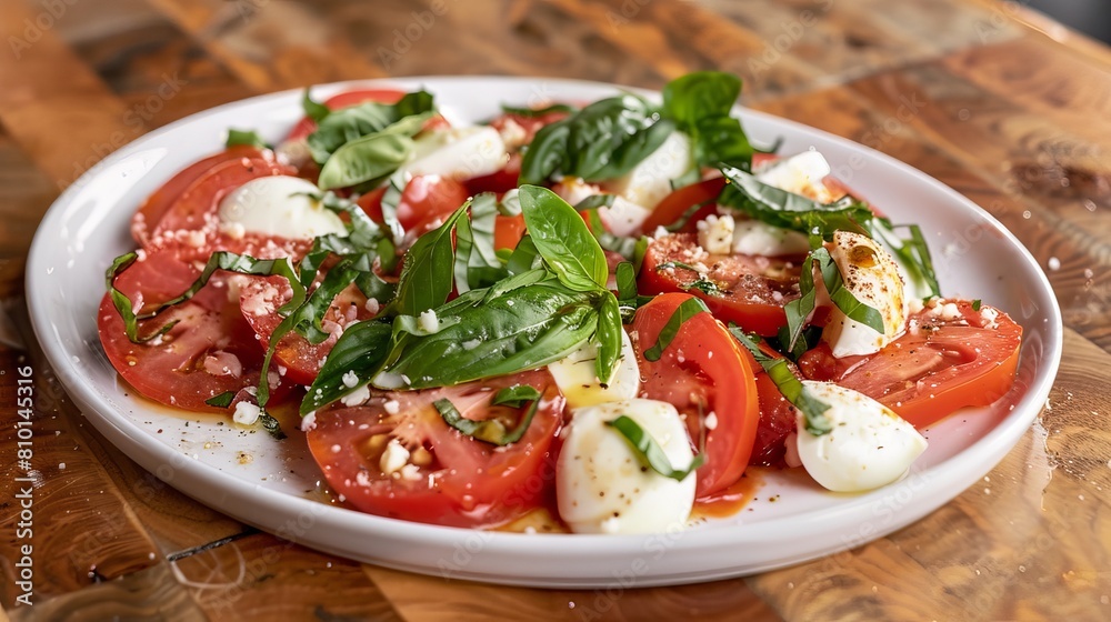 Check out this delicious Caprese salad on a white plate. It has sliced tomatoes, fresh mozzarella balls, and fragrant basil leaves. Check out this delicious Caprese salad on a white plate. It has sliced tomatoes, fresh mozzarella balls, and fragrant basil leaves.