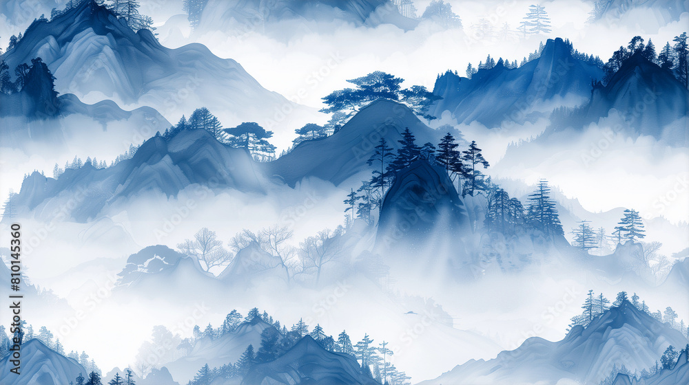 Chinese landscape painting in blue color, Chinese Ink painting