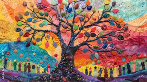 A colorful tree with many leaves and people hanging from it. The people are of different colors and sizes, and they are all gathered around the tree. Concept of community and togetherness